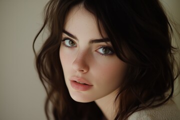 Close-up portrait of a young woman with dark hair and a thoughtful expression, looking directly at the camera.