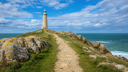 Narrow Rocky Path Leading Out into the Sea with a Lighthouse in the Background