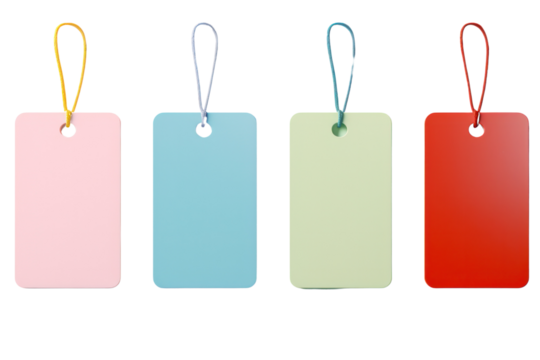 A close-up view of four colorful tags arranged on a white background. The tags are in red, blue, pink, and green, showcasing a minimalist design with a simple hole for string attachment.