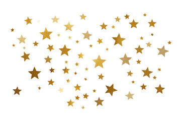 A collection of golden stars of varying sizes scattered randomly across a pristine white surface. The stars glisten and shine