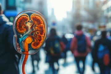 Detailed View of a Transparent Human Kidney Model Illustrating Anatomy Against a Bustling City Background with Blurred Pedestrians