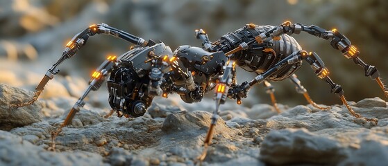 Robotic ant on rocks, sunset; tech, sci-fi