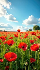 A field of poppies with a warm sunny sky and a few white clouds, flowers, summer landscape