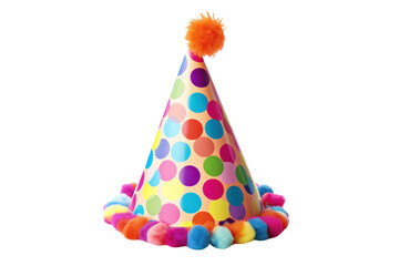 A colorful birthday party hat made of shiny paper, featuring vibrant polka dots and a fluffy pom-pom on top, showcasing a playful design.