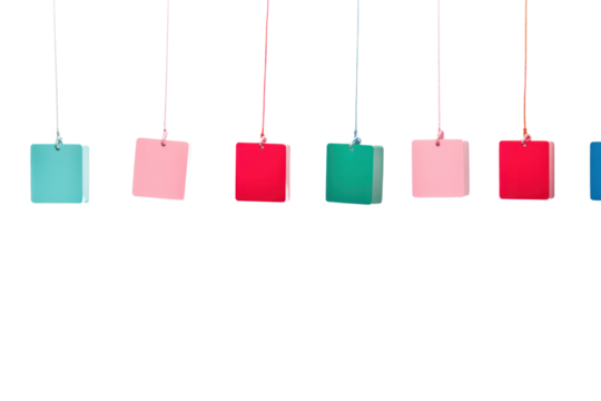 A creative composition of red, blue, pink, and green tags, each dangling from a white surface by their strings. The tags are positioned at various angles, casting soft shadows on the white background.