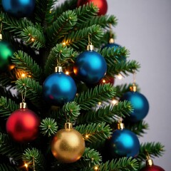 A Christmas tree decorated with blue, green, red, and gold ornaments, tree, twinkle, holiday