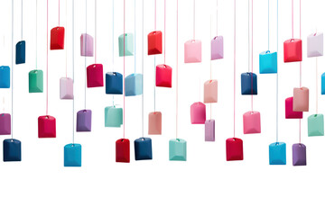 A creative composition of red, blue, pink, and green tags, each dangling from a white surface by their strings. The tags are positioned at various angles, casting soft shadows on the white background.