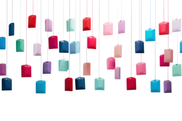 A creative composition of red, blue, pink, and green tags, each dangling from a white surface by their strings. The tags are positioned at various angles, casting soft shadows on the white background.
