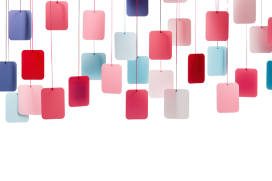 A creative composition of red, blue, pink, and green tags, each dangling from a white surface by their strings. The tags are positioned at various angles, casting soft shadows on the white background.