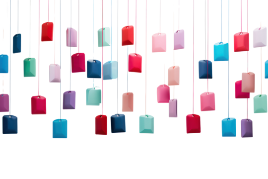 A creative composition of red, blue, pink, and green tags, each dangling from a white surface by their strings. The tags are positioned at various angles, casting soft shadows on the white background.