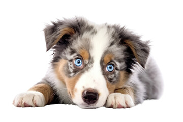 Obraz premium A delightful portrait of a playful Australian Shepherd puppy sprawled out on a bright white background. Its big, round eyes and fluffy tail are prominent