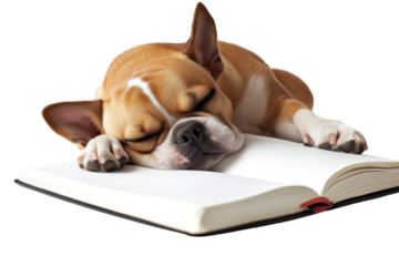 A dog dozing off with its head resting on a notebook, paws covering part of the pages
