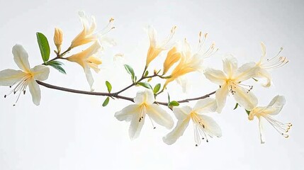 Obraz premium Delicate branch of azalea flowers in soft yellow and white hues against a light background.