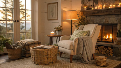 a cozy and inviting home backdrop, with warm lighting, comfortable furniture and tasteful decor, creating a welcoming atmosphere for relaxation and rest