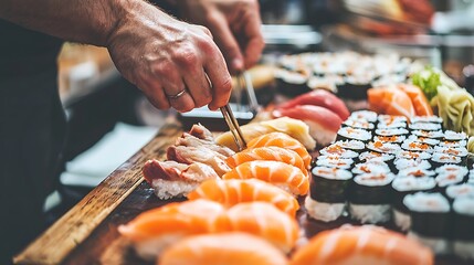 Chef prepares sushi buffet outdoors