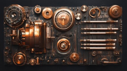 Steampunk-style copper and bronze metalwork art piece.