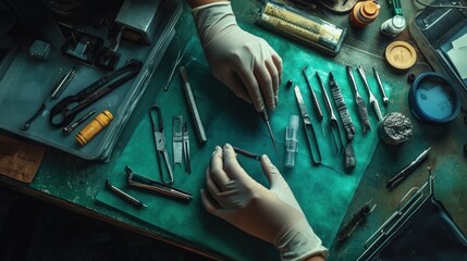 Fototapeta premium Gloved hands meticulously arrange surgical instruments on a table.