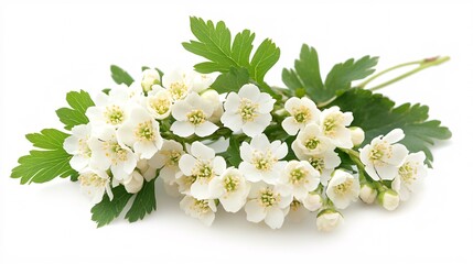 Delicate white flowers with green leaves, showcasing the beauty of nature in a bright, clean composition.