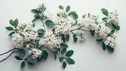A delicate branch with clusters of white flowers and green leaves, arranged elegantly against a light background.