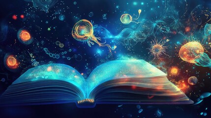 A science book emitting bright light with animals, plant life, and glowing cell structures floating, demonstrating the beauty of learning