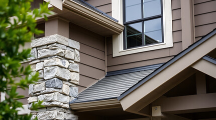 Fototapeta premium Modern House Exterior Design: Stone Columns, Dark Roof, and Large Windows. High-end residential architecture, showcasing elegant stonework and contemporary design elements for a luxurious home.