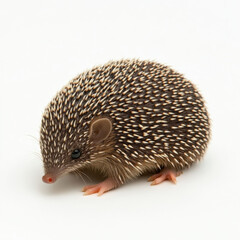 Cute baby hedgehog, brown and beige quills, white background.