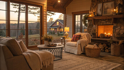 a cozy and inviting home backdrop, with warm lighting, comfortable furniture and tasteful decor, creating a welcoming atmosphere for relaxation and rest