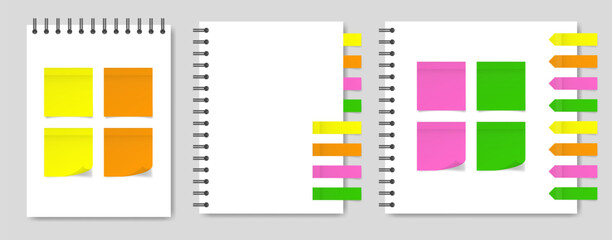 Mockup of a white notebook with spiral and stickers. Stick in notes. Green, yellow, pink and orange colors. Tag, sticky note. Pointed bookmarks	
