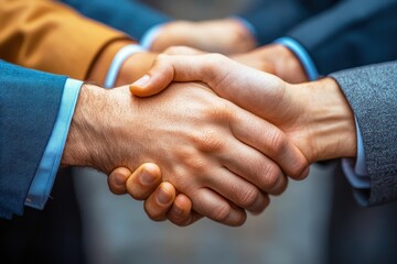 Obraz premium The Deal Closed: A close-up shot depicts two businessmen shaking hands, signifying a successful business deal or partnership. The image focuses on the firm grip and connection.