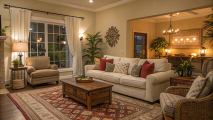 Fototapeta premium a cozy and inviting home backdrop, with warm lighting, comfortable furniture and tasteful decor, creating a welcoming atmosphere for relaxation and rest