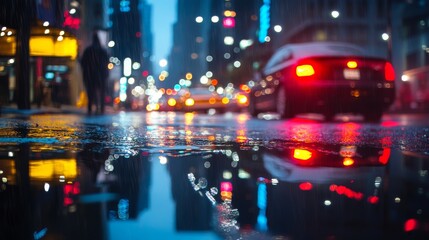 Fototapeta premium In a vibrant city filled with colorful lights on a wet street, the exhilarating nightlife showcases a dynamic essence, captivating everyone who experiences its alive and electric atmosphere