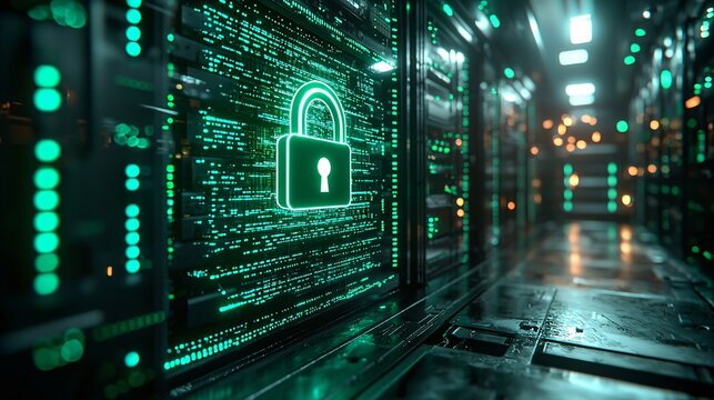 advanced cybersecurity concept with digital padlock and data streams