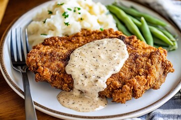 Chicken Fried Steak with Mashed Potatoes and Green Beans