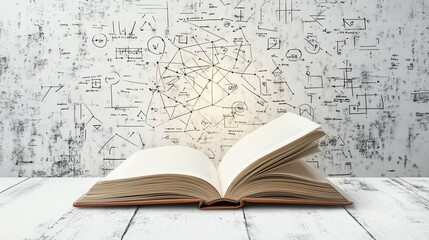 Fototapeta premium An open book glowing with levitating Venn diagrams, geometric nets, and algebraic formulas on a clean white backdrop