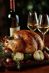 Festive Thanksgiving Feast Featuring Roasted Turkey Garnished with Fresh Herbs and Accompanied by Wine and Elegant Glasses for a Memorable Celebration