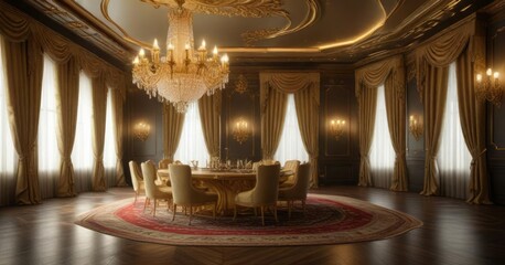Gold-plated chandeliers and lavish drapes adorn the opulent VIP gaming room , opulent, expensive