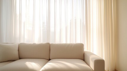 Beige sofa in front of a large window with sheer white curtains. the curtains are open, allowing natural light to enter the room.