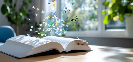 Open book with colorful letters floating above in a bright room
