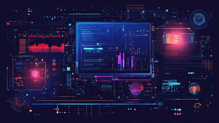 Fototapeta premium Abstract representation of a circuit board with intricate lines and nodes in blue and orange hues,