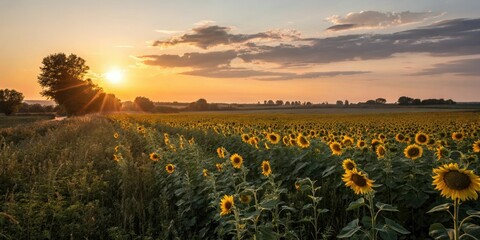 golden sunlight casts long shadows across a sea of tall sunflowers as the sun sets in the sky, golden light, countryside scene, soft focus photography
