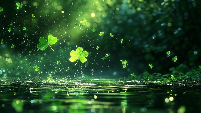 Lucky Clover on Water Amidst Misty Greenery, Raindrops Reflecting for a Sharp Focused Highlight,水面に浮かぶ幸運のクローバー、霧がかった緑に囲まれ、反射する雨滴でシャープに強調されたシーン.Generative AI