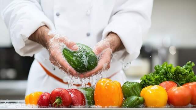 food safety hygiene training concept. A chef washes fresh vegetables in a modern kitchen, highlighting cleanliness and culinary preparation.