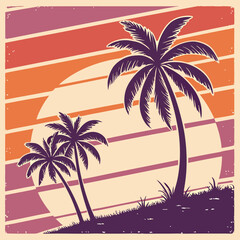Retro Sunset with Palm Trees and Gradient Lines
