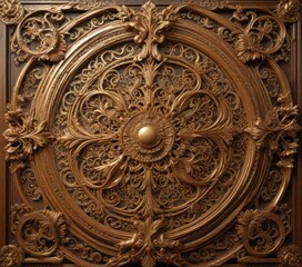 Fototapeta premium Golden filigree work on a wooden panel with intricate carvings, filigree, delicate