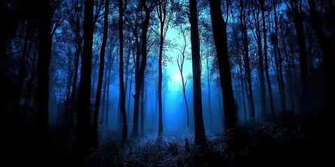 Fototapeta premium A dark forest, with tall trees and a dark blue light in the background