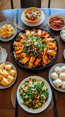 A festive dinner table featuring a centerpiece of Yu fish surrounded by Jiaozi and Nian Gao