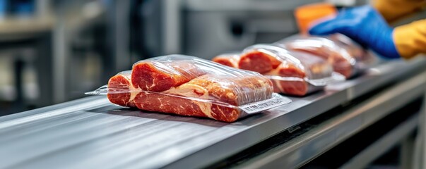 food safety hygiene training concept. Packaged meat products on a conveyor belt in a processing facility.