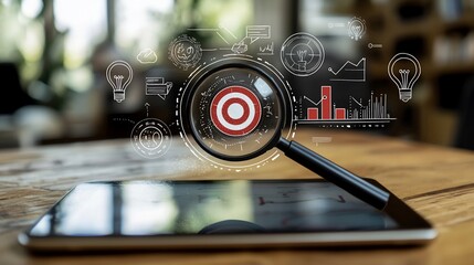 Magnifying glass focuses on target on digital tablet.