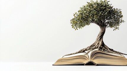 Tree growing from open book on white.