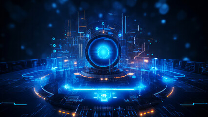 Obraz premium Quantum computer processing data and illuminating digital cyberspace with glowing lights and complex circuitry